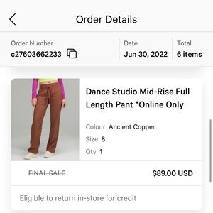 Lululemon Dance Studio Full Length Mid Rise Pant Ancient Copper 8